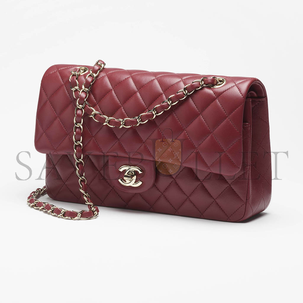 CHANEL CLASSIC 11.12 HANDBAG LAMBSKIN & GOLD-TONE METAL BURGUNDY A01112 (25.5*15.5*6.5cm)